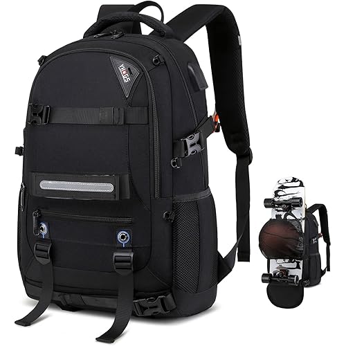 Skateboard Backpack, Laptop Backpack with USB Charging Port, RFID Anti-Theft Lock, Waterproof Fabric, Fits up to 15.6 Inch Laptop, for Business Travel Men (Black)