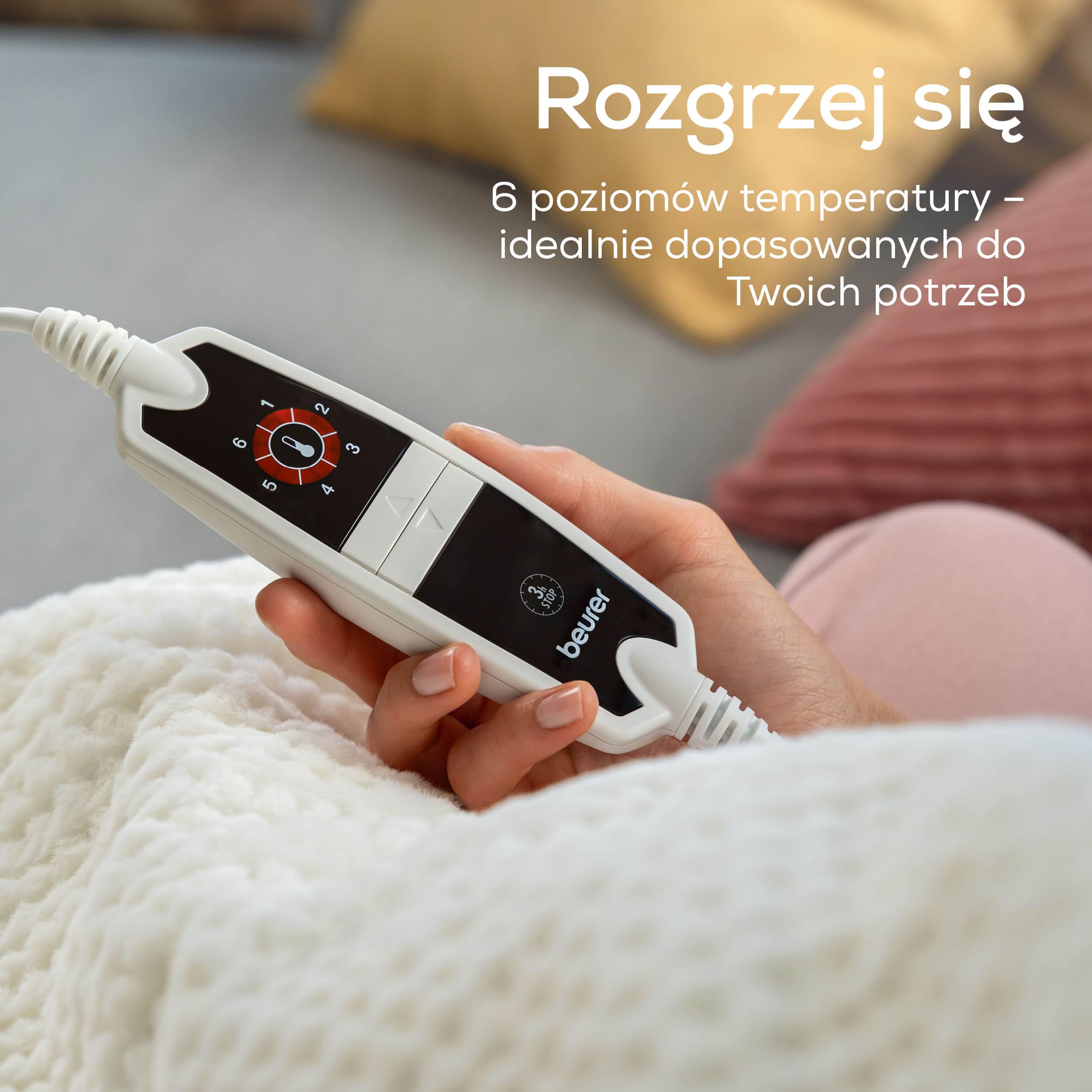 Beurer Helsinki koc elektryczny, przytulny koc grzewczy z luksusowego materiału wierzchniego z 6 poziomami temperatury, z automatycznym wyłączaniem i systemem bezpieczeństwa, można prać w pralce