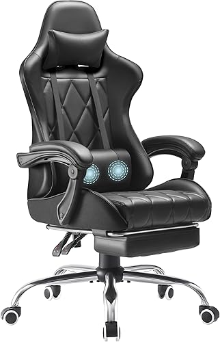 Silla de juegos con reposapiés y soporte lumbar de masaje, asiento ergonómico de computadora ajustable en altura con giro de 360 y reposacabezas,