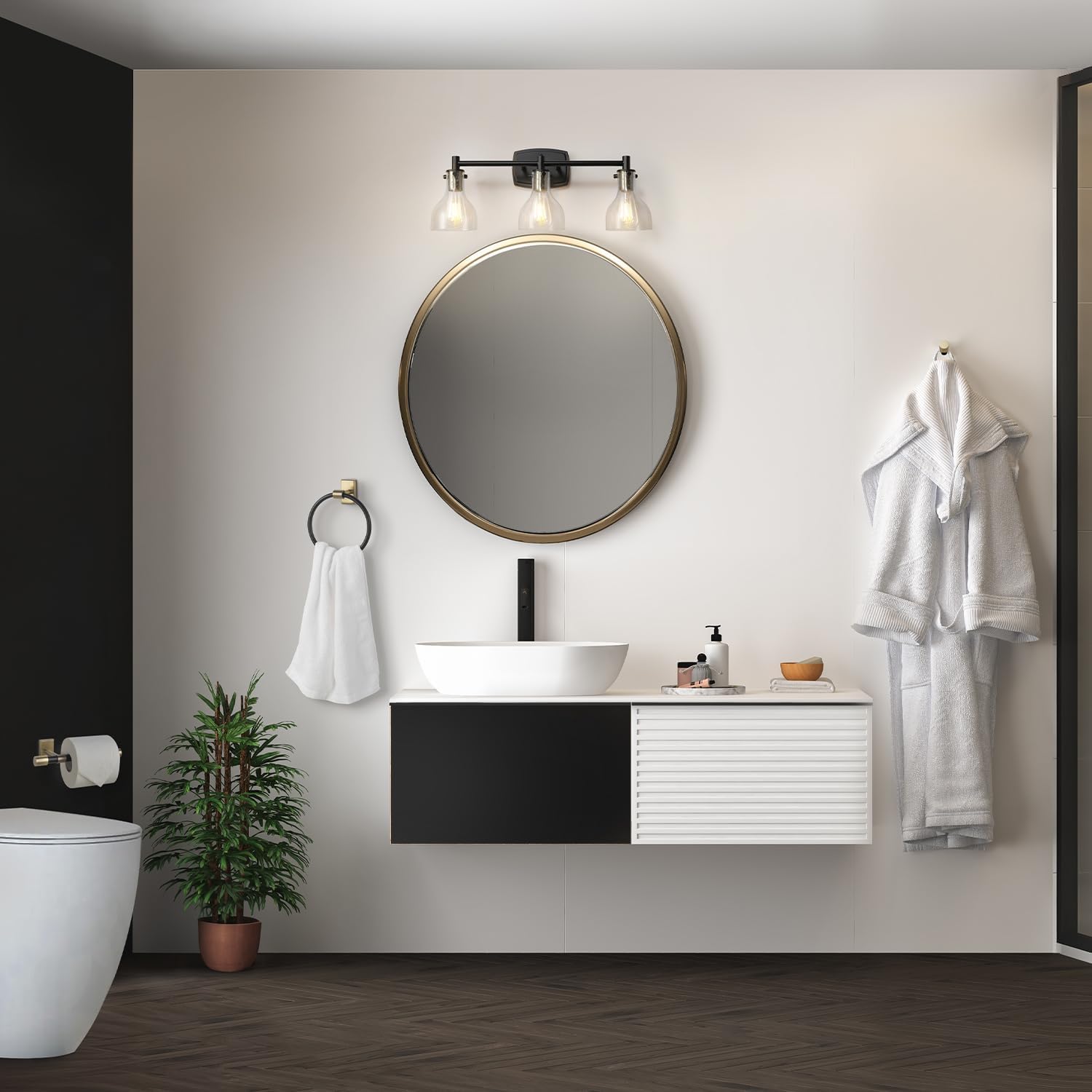 globe electric 63000062 5-piece all-in-one bathroom set, matte black & brass, 3-light vanity light, seeded glass, towel bar, toilet paper holder, towel ring, robe hook, bathroom lights over mirror matte black, bailey (5-piece)