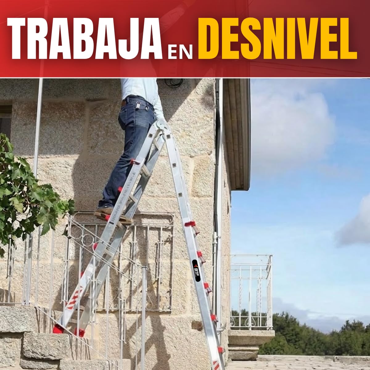 BTF Aluminium Multifunktions-Teleskopleiter MTL 3 x 4 Sprossen - Kann als Anlege- und Schiebeleiter, beidseitige Stehleiter und Treppenleiter verwendet werden. Perfekt für Arbeiten am Hang. BTF-TS33