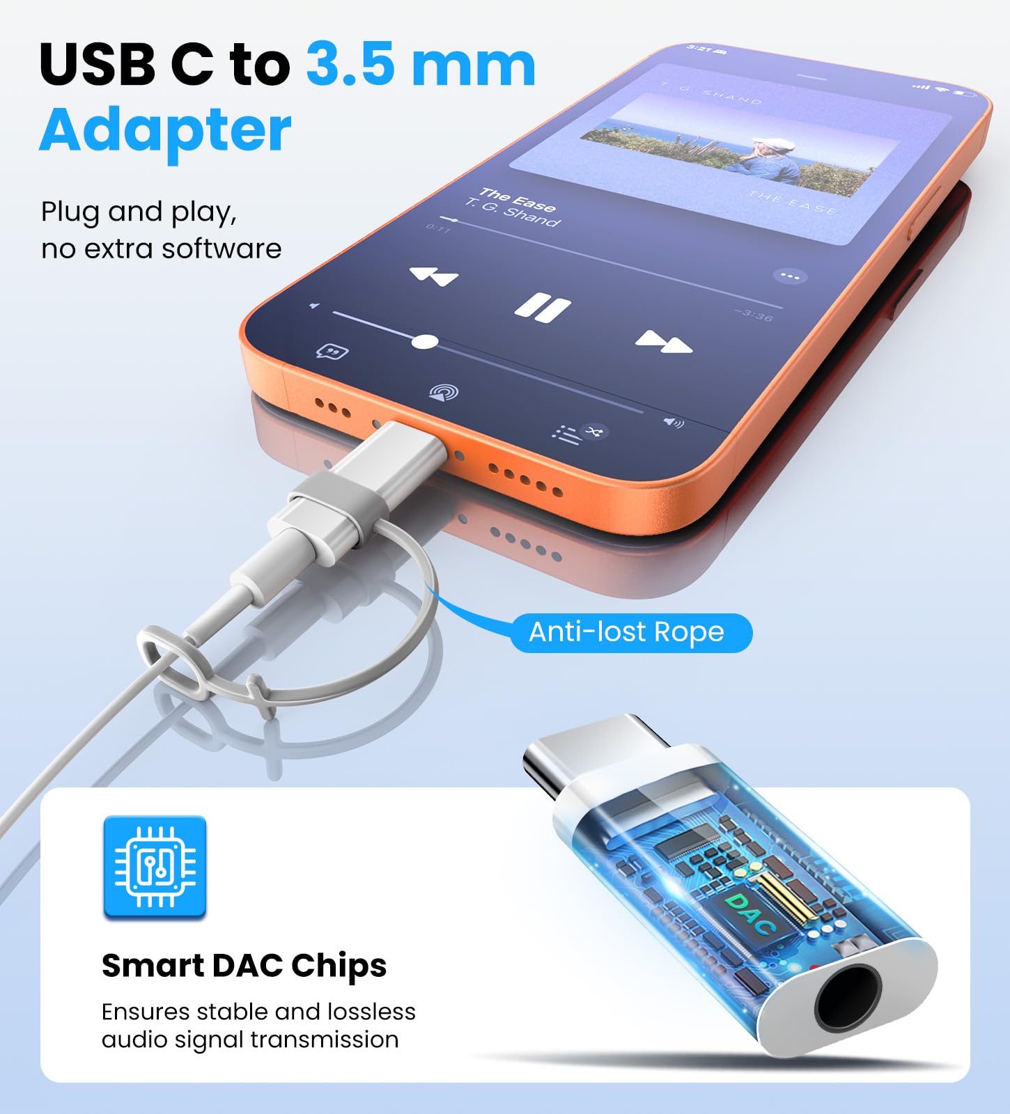 TiMOVO Adattatore da USB C a Cuffie Audio da 3,5 mm, Tipo C a Jack Aux con Anello Anti-Perdita, Bianco