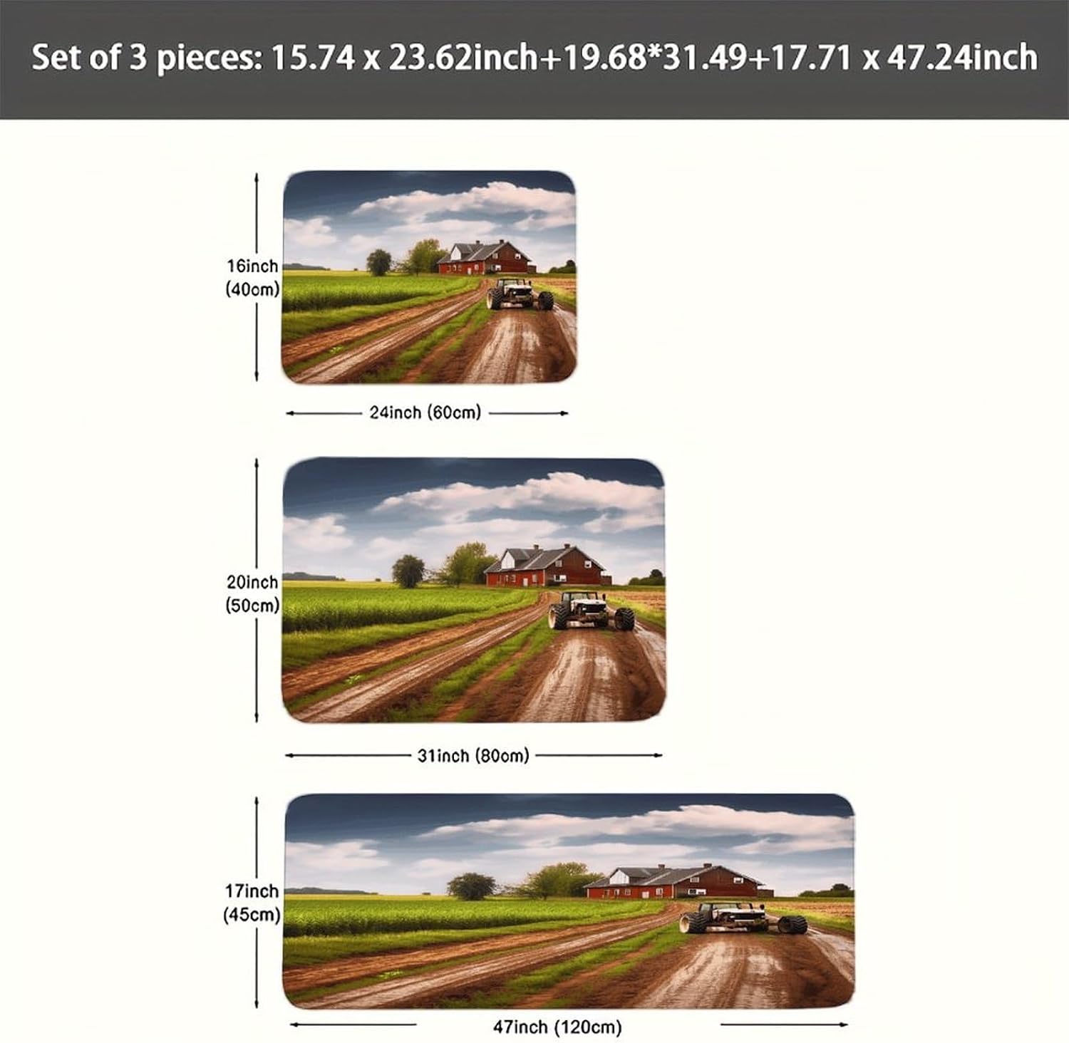 Country Road with Farm and Tractor Kitchen Rugs Sets of 3 Washable Non Slip Kitchen Rug Water Resistant Carpet Piece Anti Fatigue Kitchen Mats Soft Comfort Standing Mat Modern Area Rug