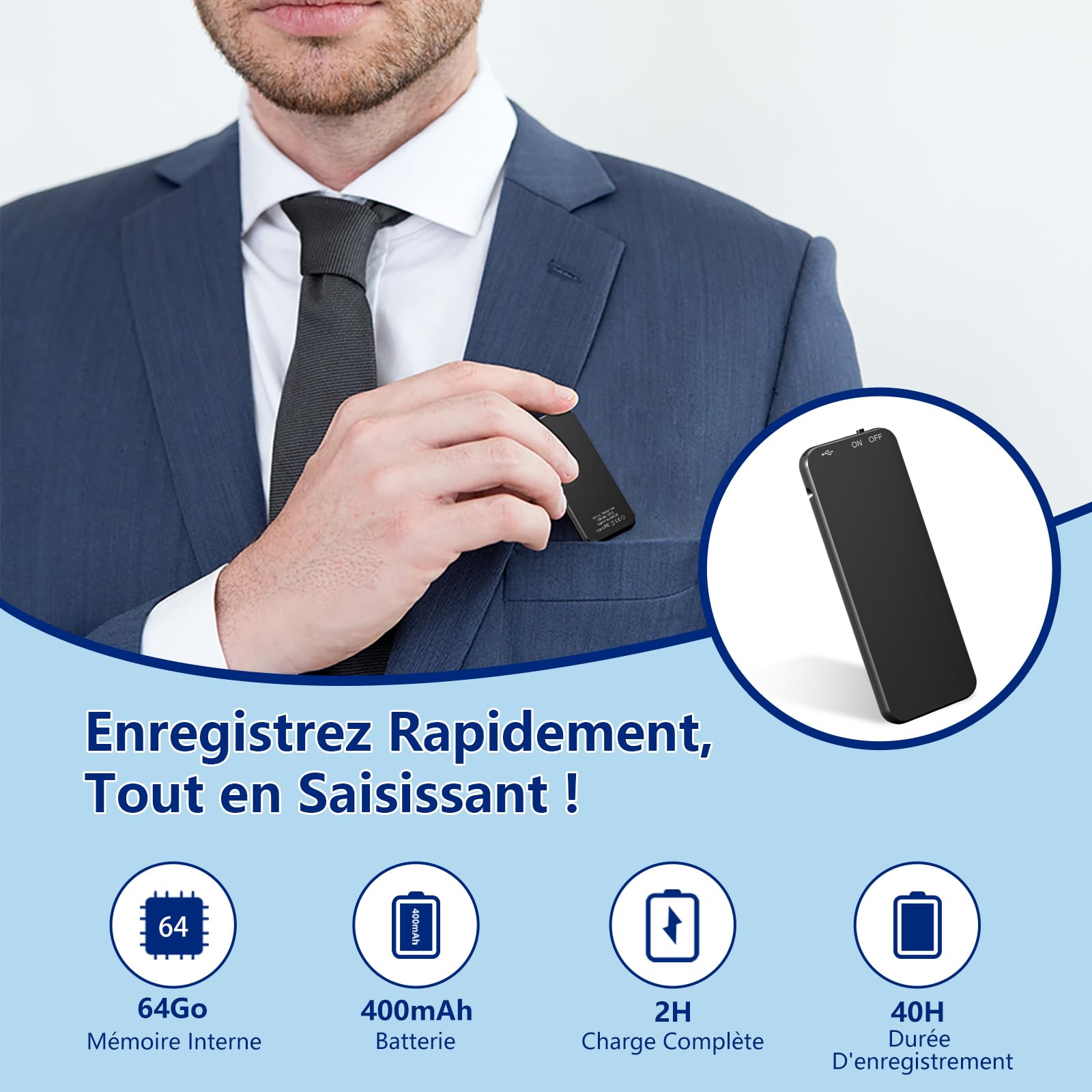 64Go Enregistreur Vocal, 40H Mini Dictaphone avec Boîtier Métallique Noir pour Conférences Cours Entretiens