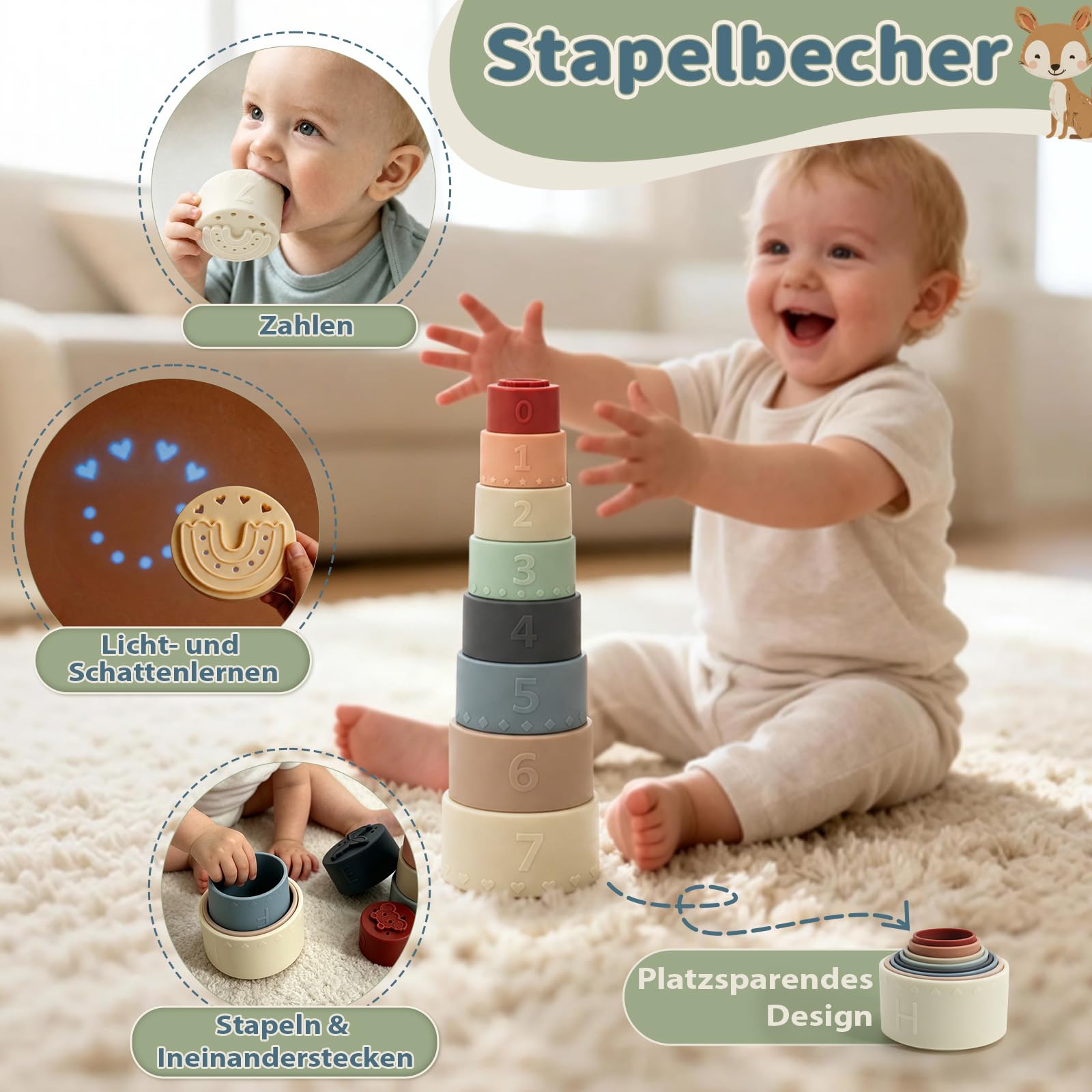 Anook Montessori Spielzeug Baby ab 6 Monate, Baby Spielzeug 6 8 9 10 Monate | Babyspielzeug ab 6 Monate mit Bausteine,Stapelbecher,Tücherbox Baby,Formsortierwürfel,Stapelturm,Geschenk für 6-12 Monate