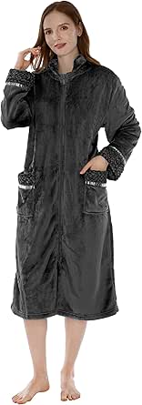 PAVILIA Womens Housecoat Zip Robe, Fleece Zip Up Front Robe Bathrobe, Plush Warm Zipper House Coat Lounger with Pockets, Long