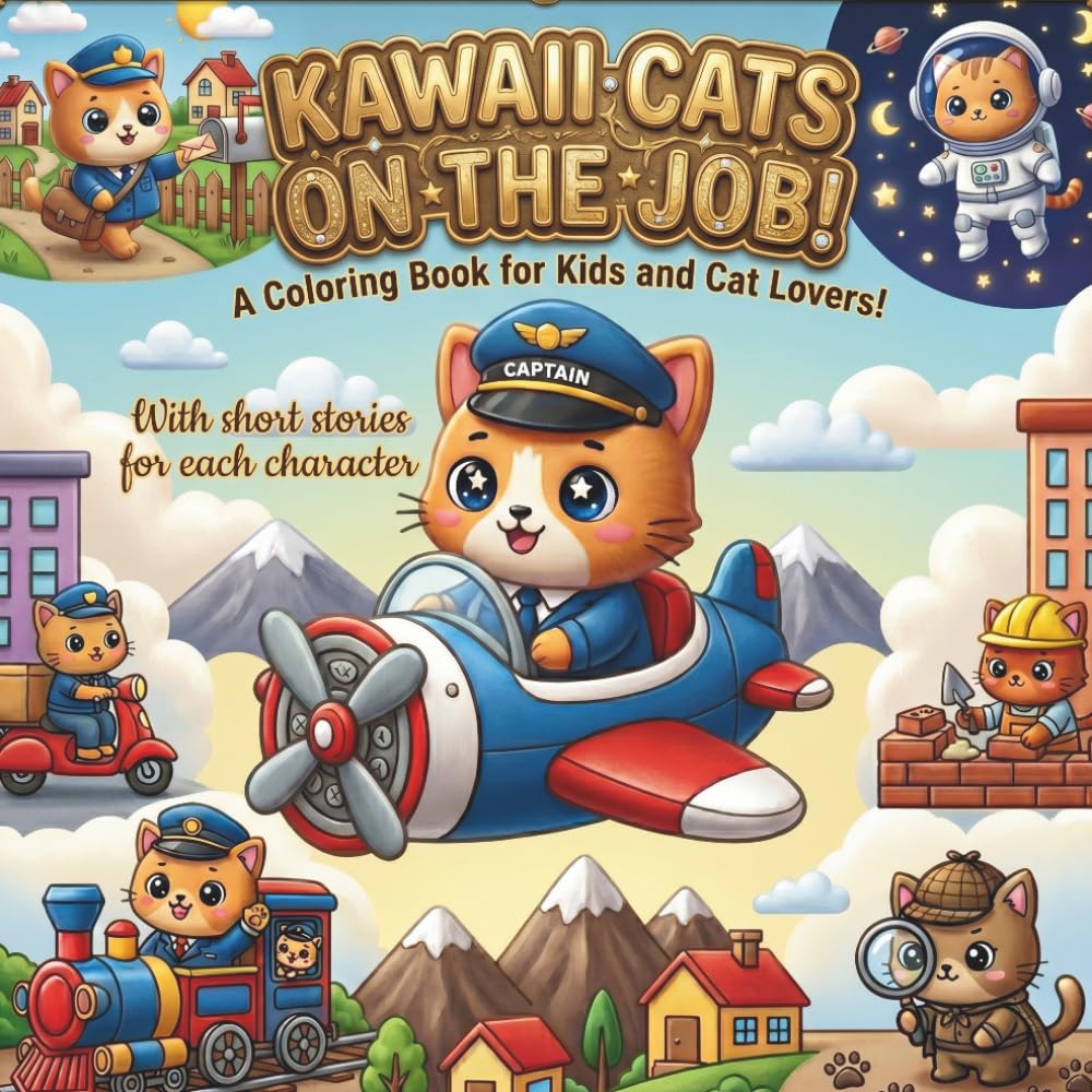 Cute Kawaii Cats Coloring Book: +50 Cozy Kawaii-Style Kittens with Jobs as Police Officer, Judge, Pilot, Nurse etc. - Simple, Bold and Easy for Kids, 8.5x8.5 inches