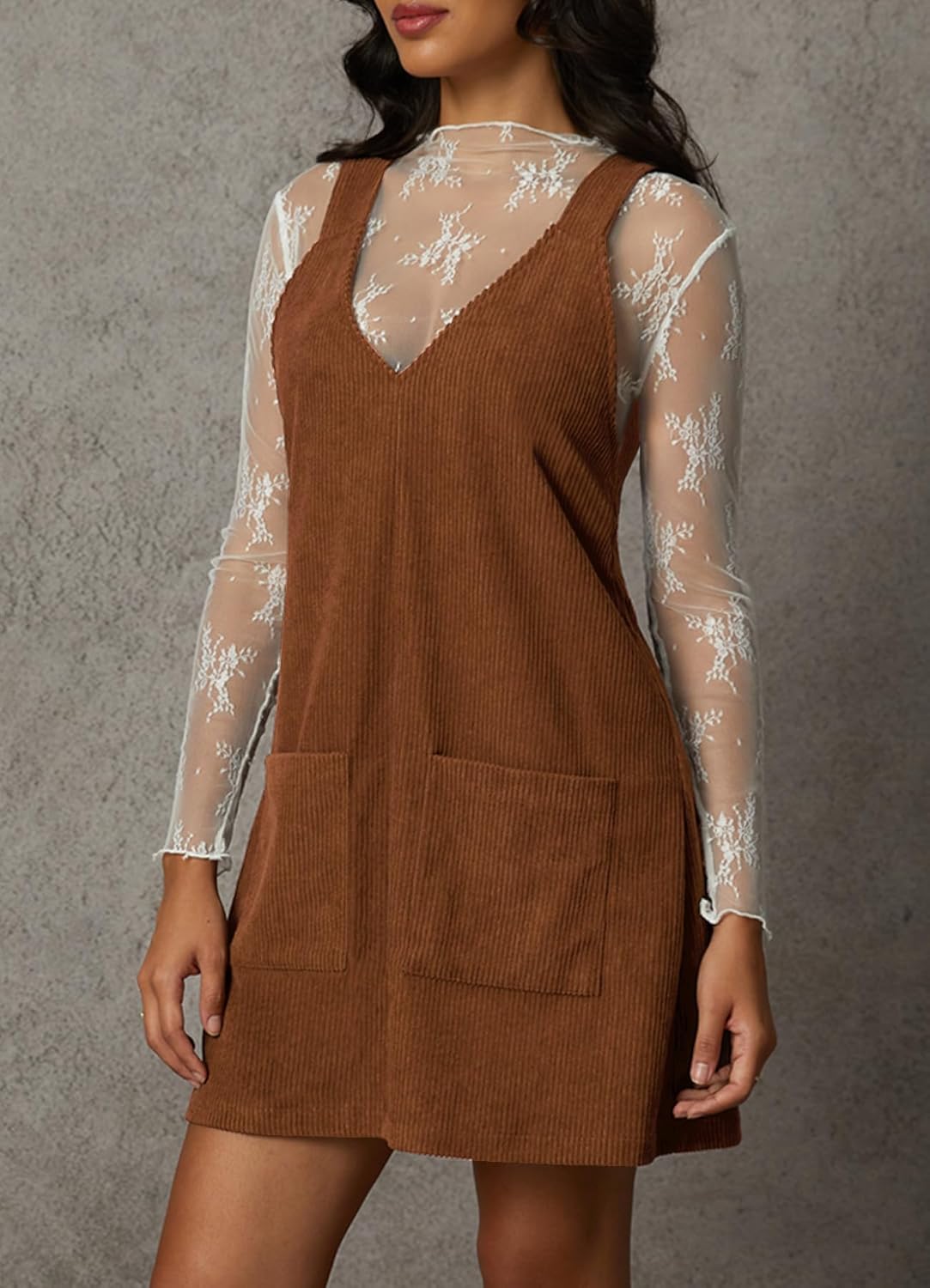 Navneet Corduroy Overall Dress for Women V Neck Sleeveless Pinafore Jumper Mini Dress with Pockets - Image 2