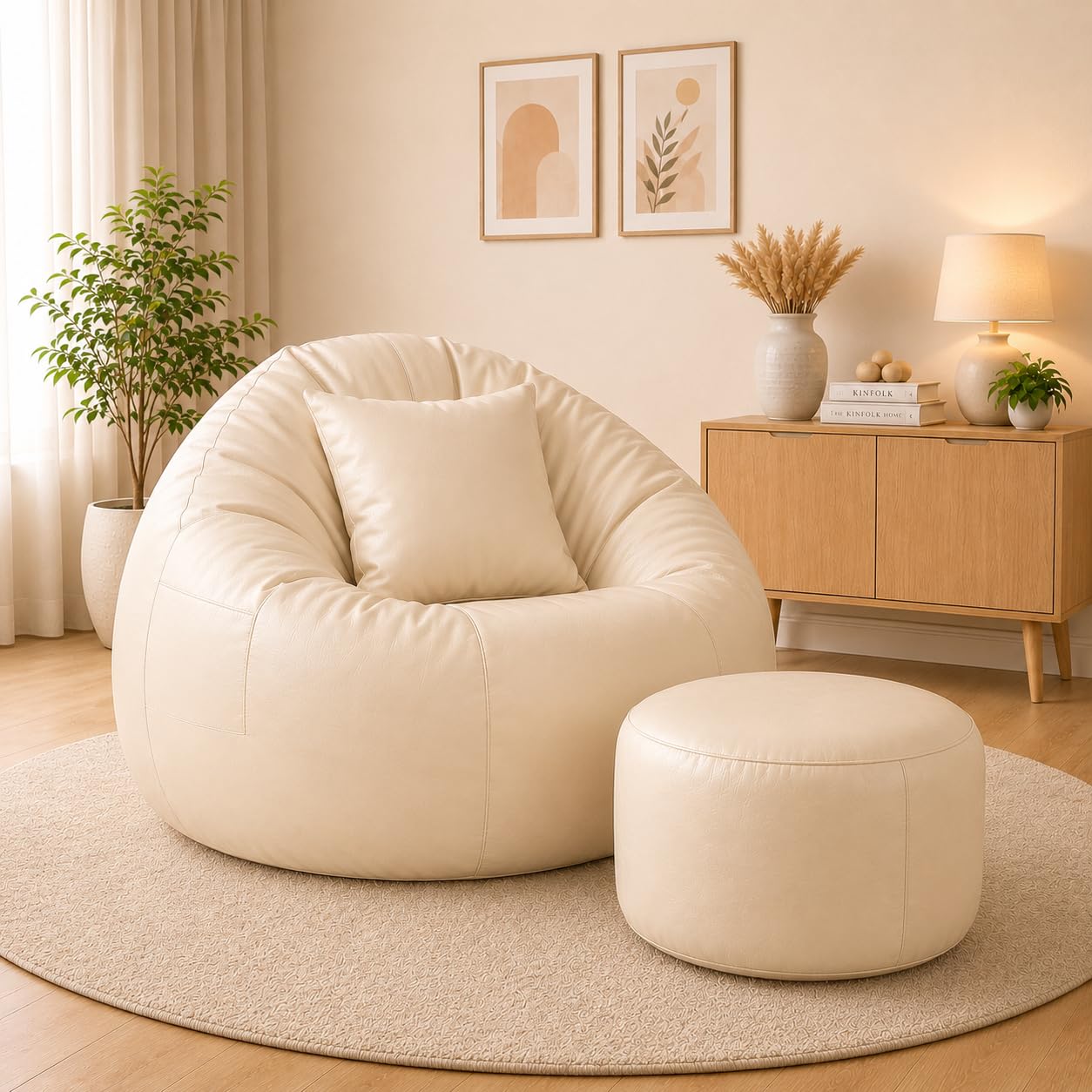 4XL Tear Drop Bean Bag Chair with Footrest & Pillow | Premium Leatherette Bean Bag Cover (Without Beans) Upto 150 Kg Capacity | Living Room Lounger (Cream, XXXXL)-image-46