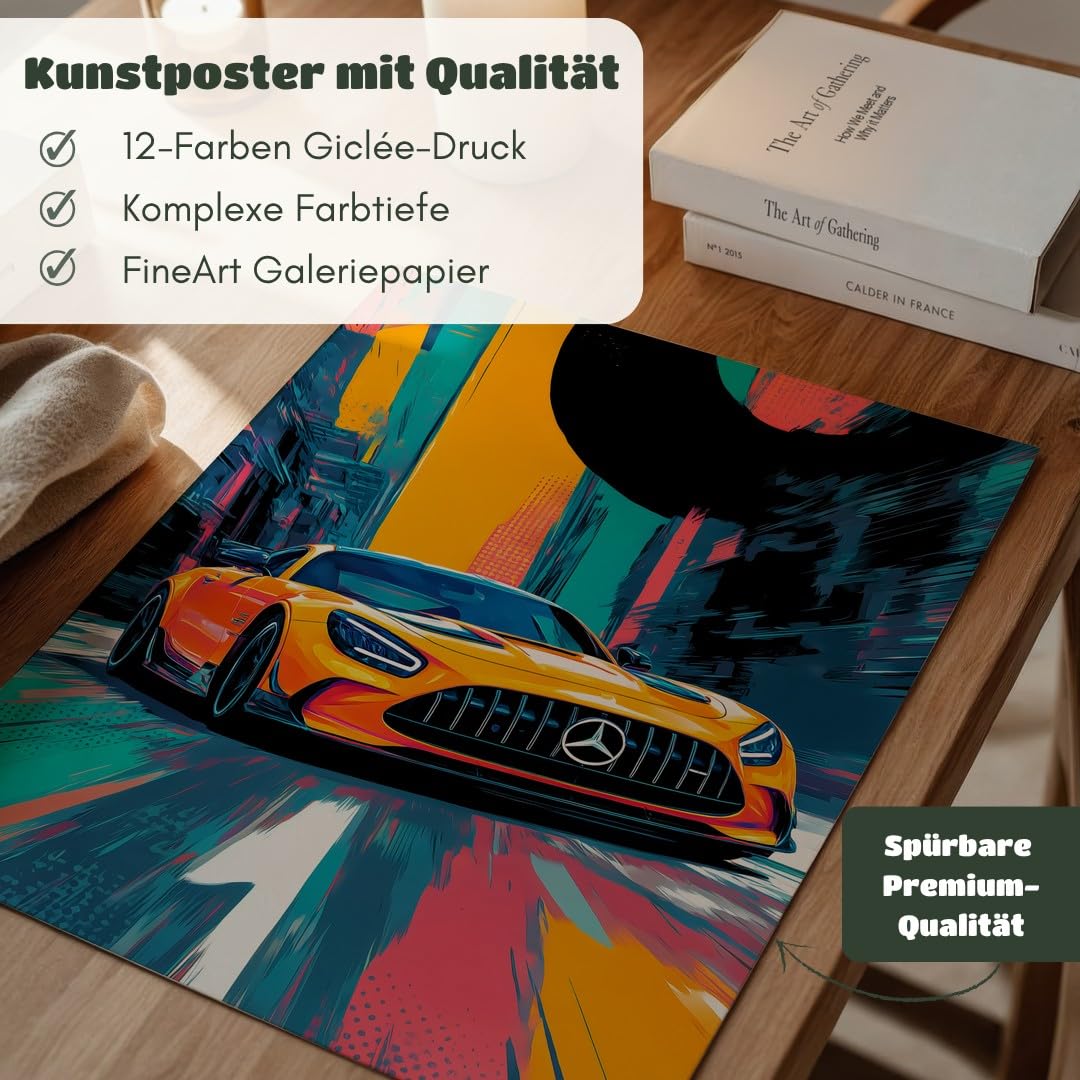 MJ-GRAPHICS® Poster Sportwagen Kunstdruck futuristisches Wandbild abstrakt orange blau urban Deko fürs Wohnzimmerbilder Auto Deko Bilder Büro Wanddeko A2 mit beigem Rahmen