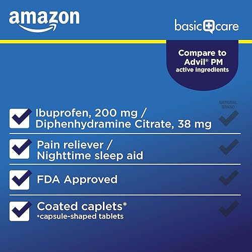 Miniatura 3 de Ibuprofeno PM de Tienda Basic Care, ibuprofeno 200 mg y citrato de difenhidramina 38 mg Tabletas, analgésico y somnífero nocturno para conciliar el
