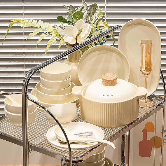 Luxury Ceramic Dinnerware Set, Elegant Fresh Tableware for Home, Complete Porcelain Bowl Plate Dish Spoon Set, Ideal Housewarming Gift, Modern Ceramic Bowls Plates Spoons