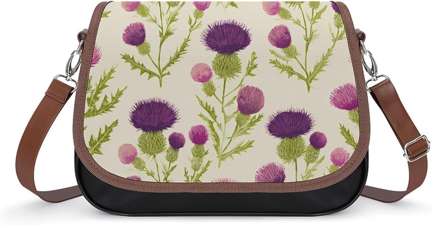 Thistles Flower Scottish Women's Crossbody Handbags Leather Purses Sling Crossover Shoulder Bag