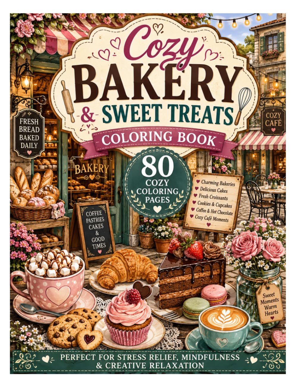 Cozy Bakery & Sweet Treats Coloring Book: 80 Cozy Coloring Pages Featuring Charming Bakeries, Delicious Cakes, Fresh Croissants, Warm Coffee, Sweet Desserts, and Relaxing Café Moments