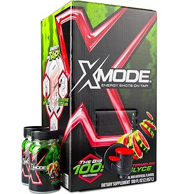 XMODE Energy Shots on Tap Dispenser 100 1oz Servings with 2 Refillable Bottles, Watermelon Slyce Flavor, Extra Strength with 150mg Caffeineoz, B12 and Sugar Free