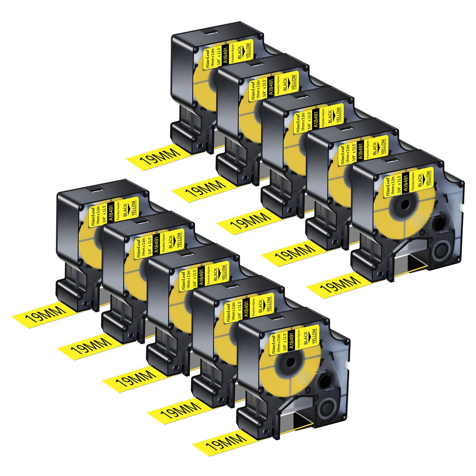 NineLeafCompatible for Dymo 18491 Rhino Industrial Nylon Labels Self-Adhesive 19 mm x 3.5 m Black on Yellow, Pack of 10