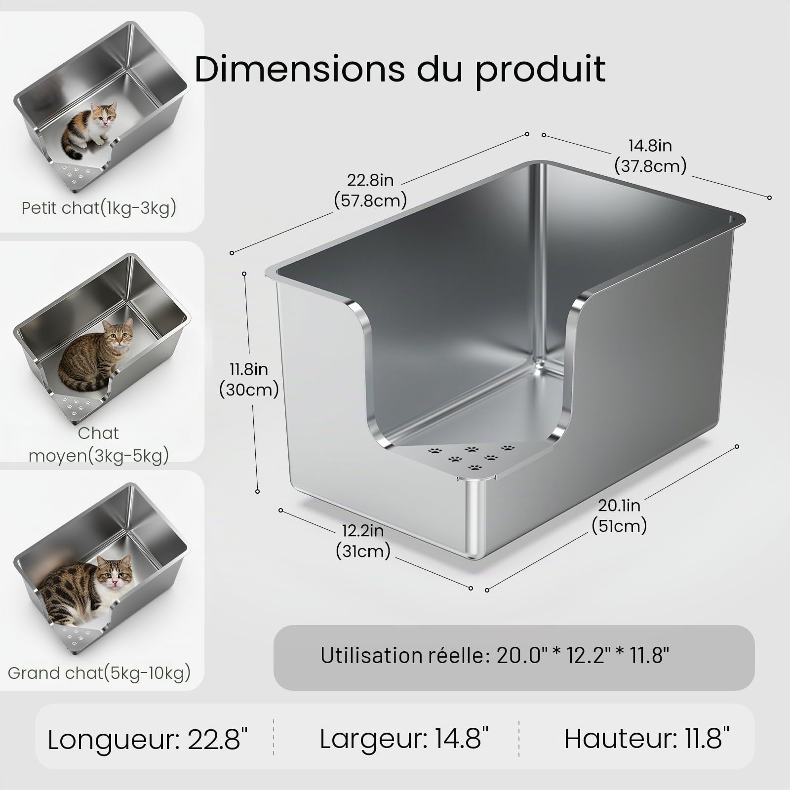PTLOM Bac Litiere pour Chat en INOX,Bac a Litiere pour Chat 30cm,Coin D’entrée Bac à Litière Chat, sur roulettes, Facile à déplacer, Antiadhésif, sans Odeur, pour Chats Grands ou Multiples