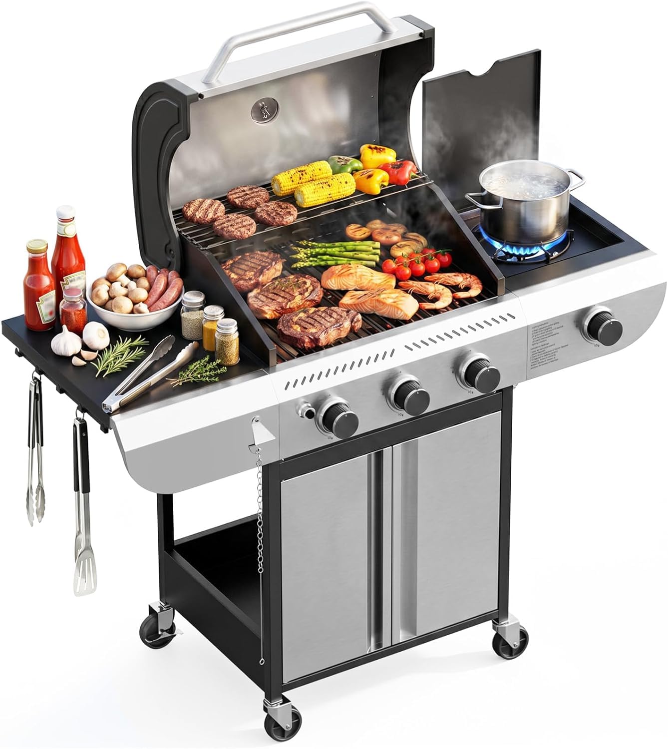 COWSAR 3-Burner Propane Gas Grill with Side Burner, 34,000 BTU Stainless Steel BBQ Grill, Porcelain-Enameled Cast Iron Grates, Outdoor Barbecue Grill for Patio & Garden