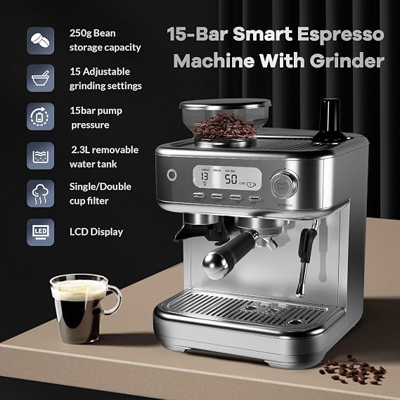 Professional Home Espresso Machine (20 Bar),Equipped with Grinder, High-Power Milk Frother, Digital LCD Display and Stainless Steel Construction