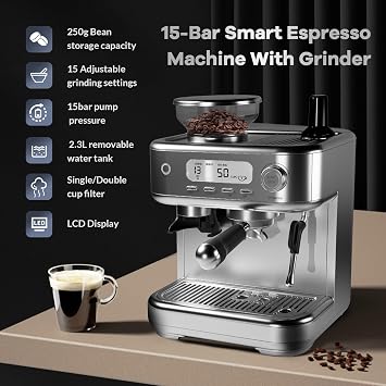 Professional Home Espresso Machine (20 Bar),Equipped with Grinder, High-Power Milk Frother, Digital LCD Display and Stainless Steel Construction