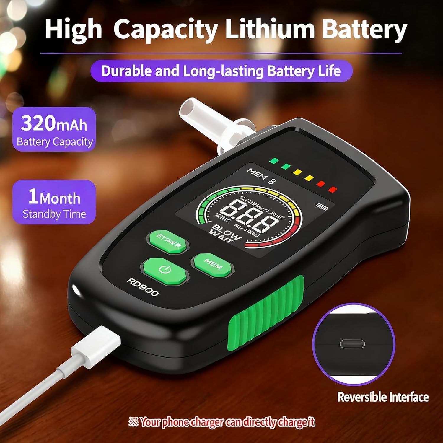 Alcohols Tester 大型LCDスクリーンデジタルテスター &amp; インジケーターライト付きプロフェッショナル充電式ア