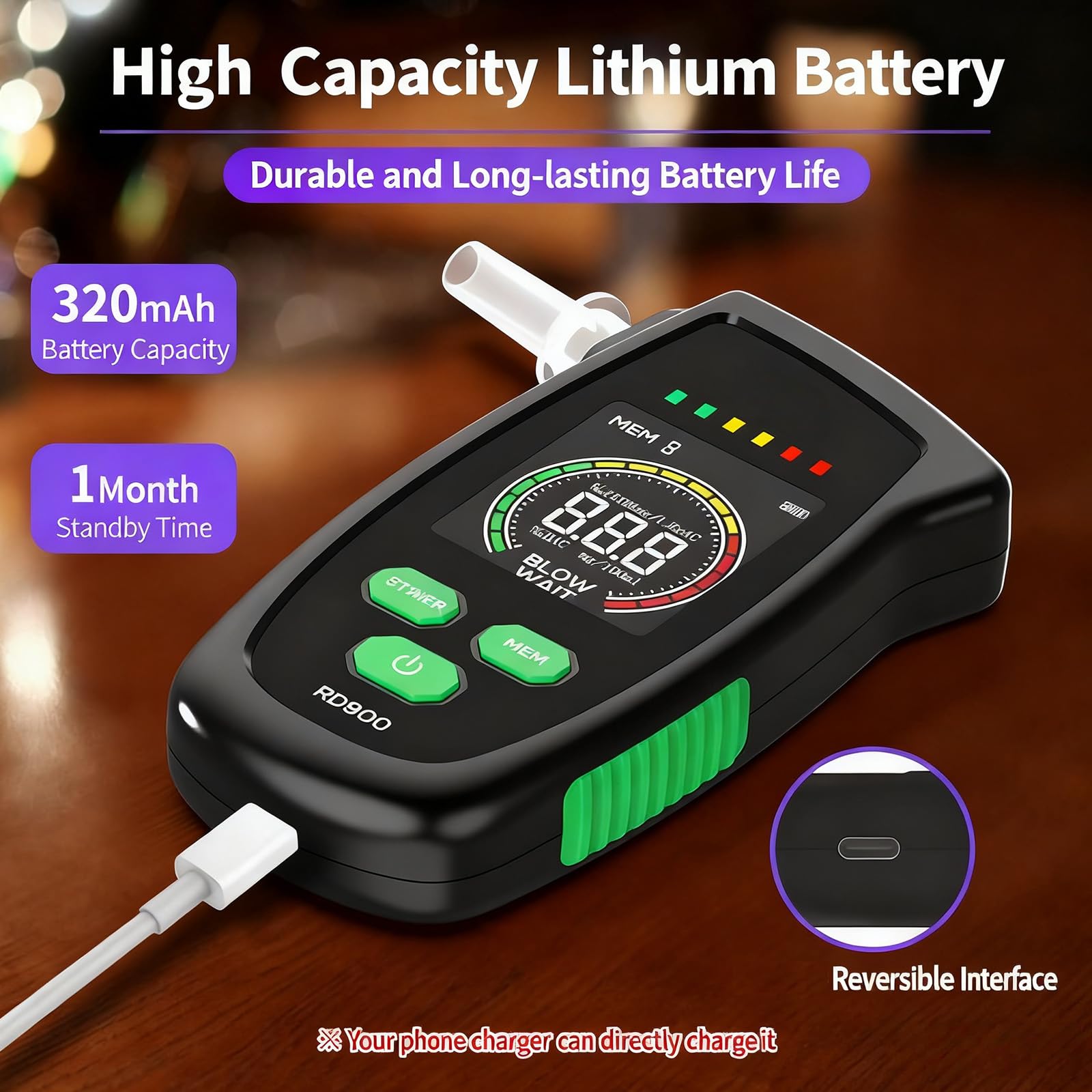 Tester professionale con schermo LCD, segnale acustico e luce, misuratore ricaricabile a risposta rapida Tester per alcoli respiratori Etilometro tascabile