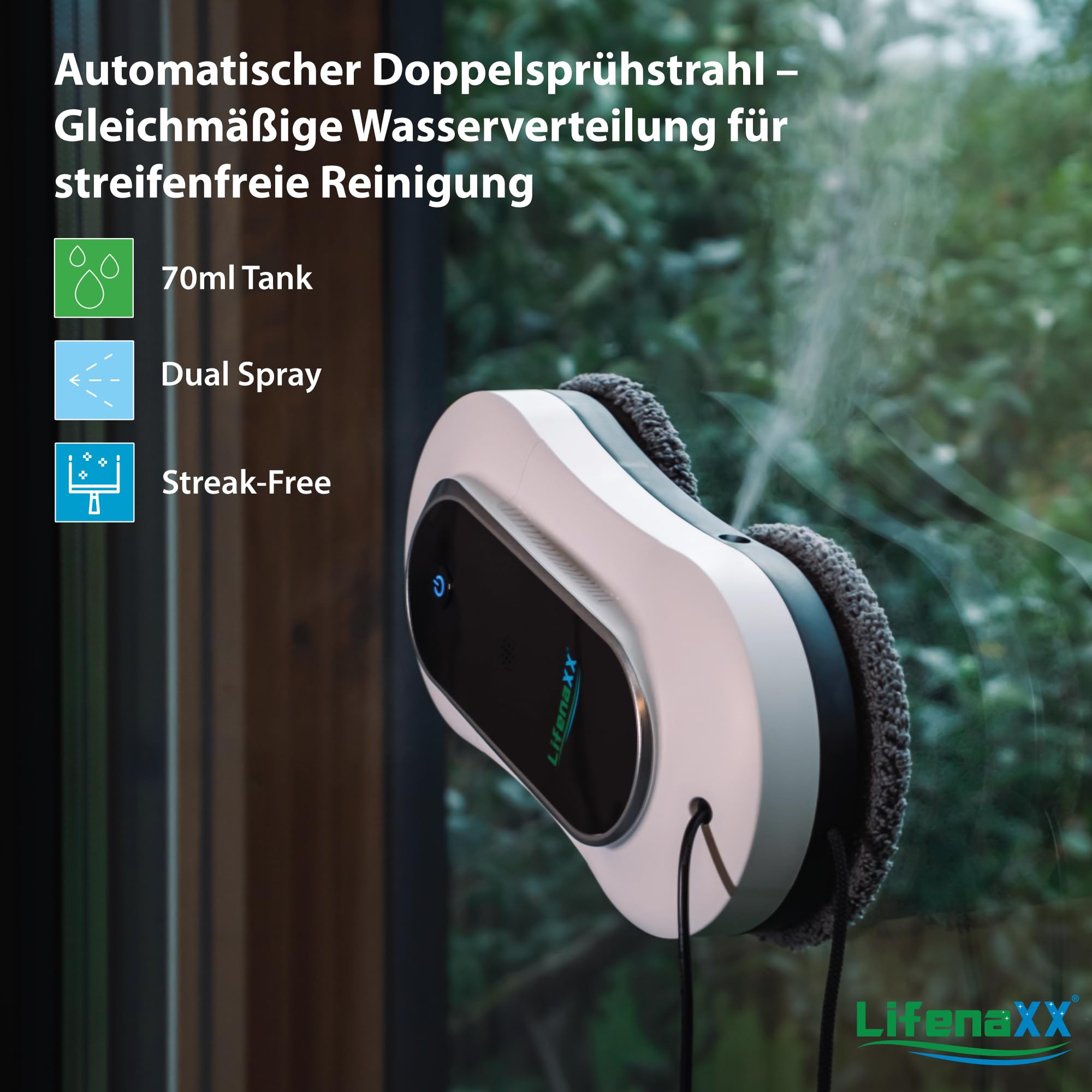 Lifenaxx Fortschrittlicher Fensterreinigungsroboter LX-055, elektrischer Fensterreiniger mit 2 Sprühdüsen, hohe Saugkraft, großer 70-ml-Wassertank, Fernbedienung – ideal für Fenster, Fliesen, Spiegel