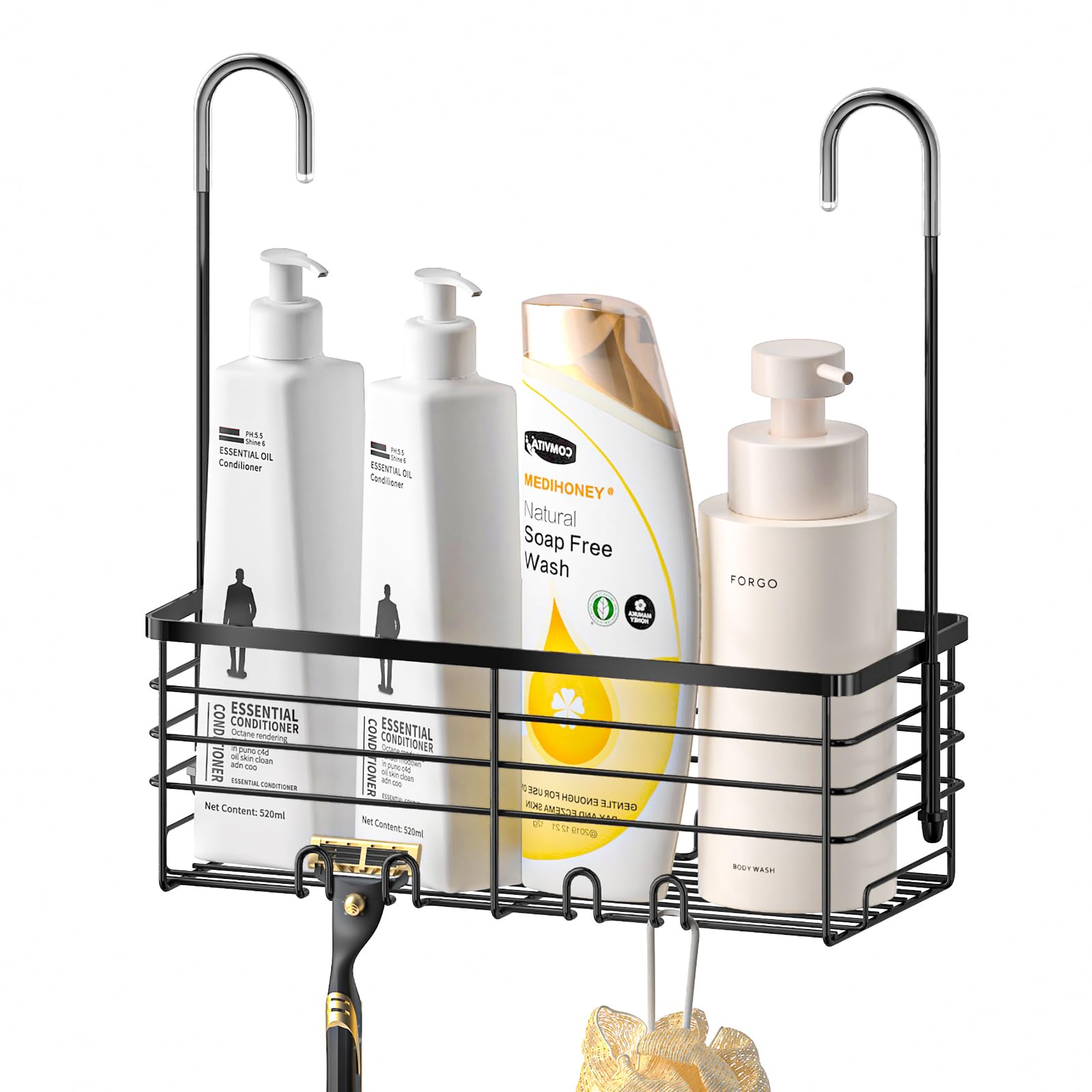 SHANSHUI Shower Hanging Caddy, Bathroom Shower Organizer Basket, Shampoo Bracket Over Door Rack with Hooks, 304 Stainless Steel