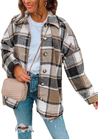 PRETTYGARDEN Womens Fall Clothes Plaid Shacket Jacket Trendy Casual Long Sleeve Button Down Flannel Shirts Fashion Blouse