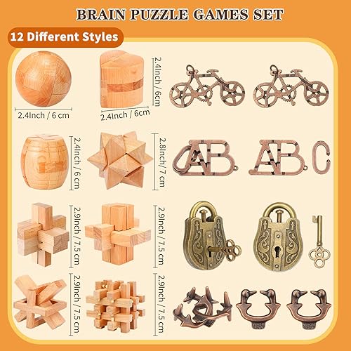 Miniatura 2 de Liliful Paquete de 12 rompecabezas de madera para el cerebro para niños, niñas y adultos, desbloqueo 3D, rompecabezas de madera, rompecabezas de