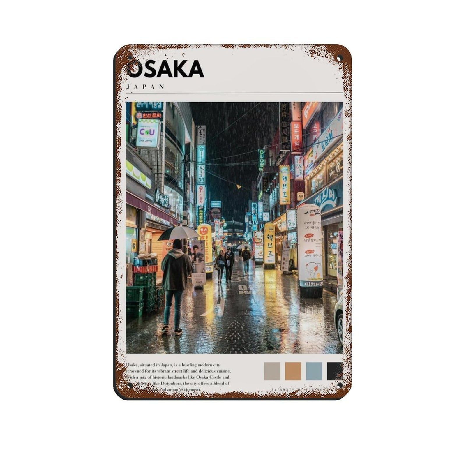 Osaka Japan Poster Osaka Neon City Art Tin Sign Vintage Metal Pub Club Cafe Bar Home Wall Art Decoration Poster Retro 8x12inch(20x30cm)