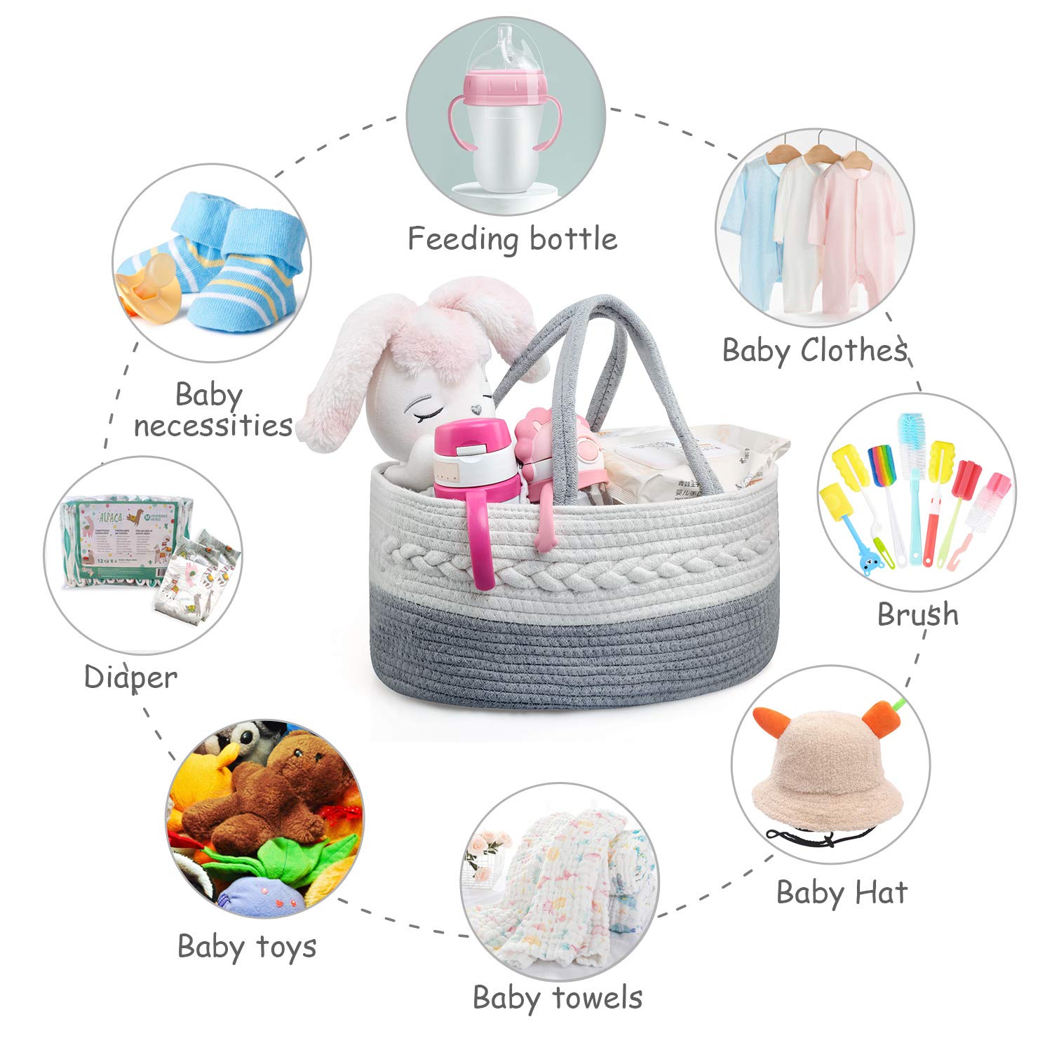 Ballery Baby Pannolino Caddy Organizer, 3 Scomparti Portatile per Bambini, Cestino Portaoggetti per Pannolini, Organizer da Auto con Divisorio, Doccia Neonato Cesto Regalo Corda di Cotone
