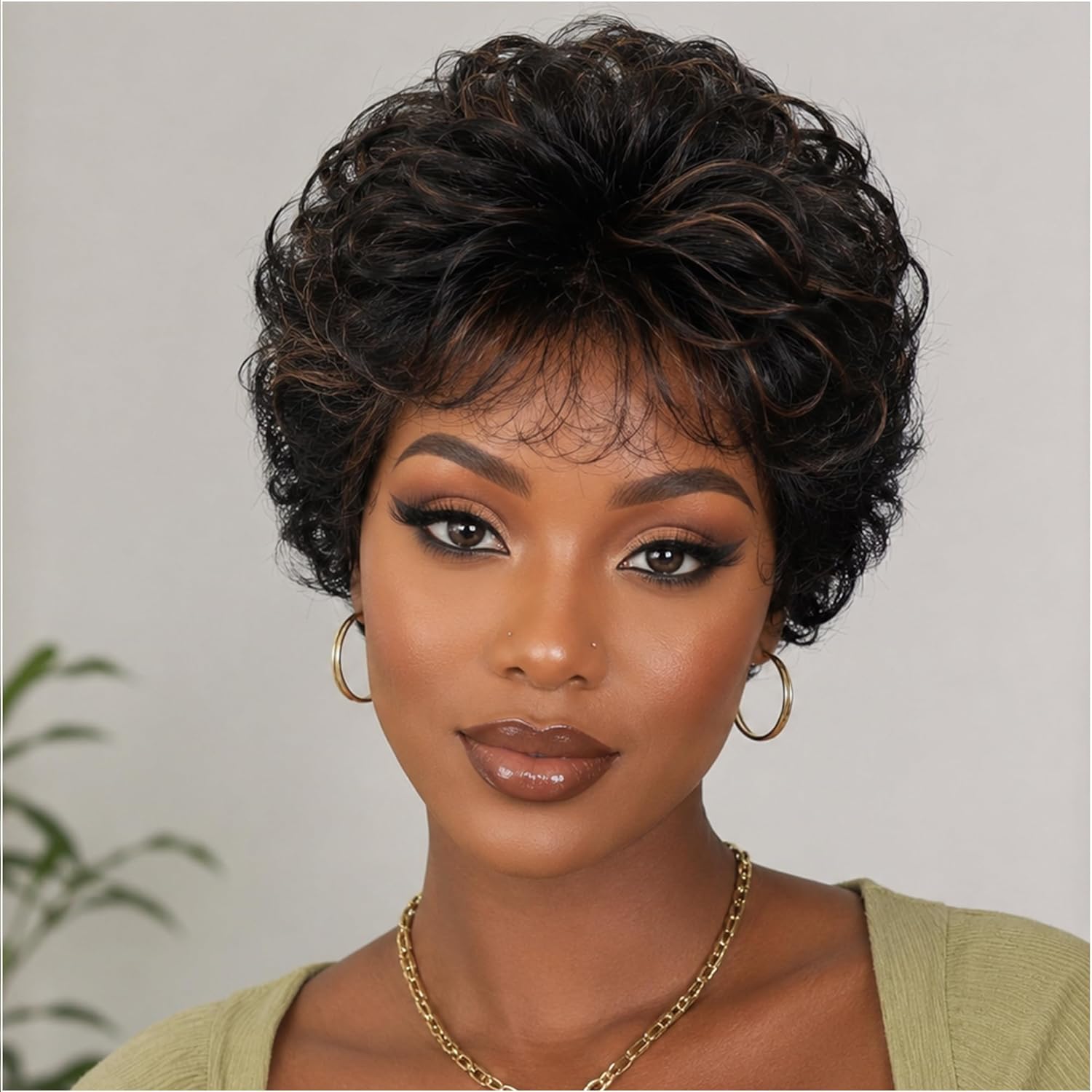 XIUFAXIRUSI XIUFAXIRUSI Short Curly Wigs for Black Women Mix Brown to Black Curly Pixie Wig With Bangs for Women Natural Shaggy Afro Wig Daily Party Use