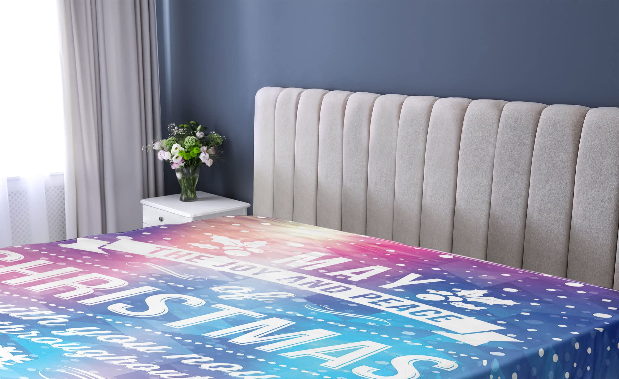 Ambesonne Christmas Fitted Sheet, Polygonal Abstract Dotted Backdrop Happy New Year Celebration Words Joy and Peace, Soft Decorative Fabric Bedding All-Round Elastic Pocket, Twin Size, Purple Blue