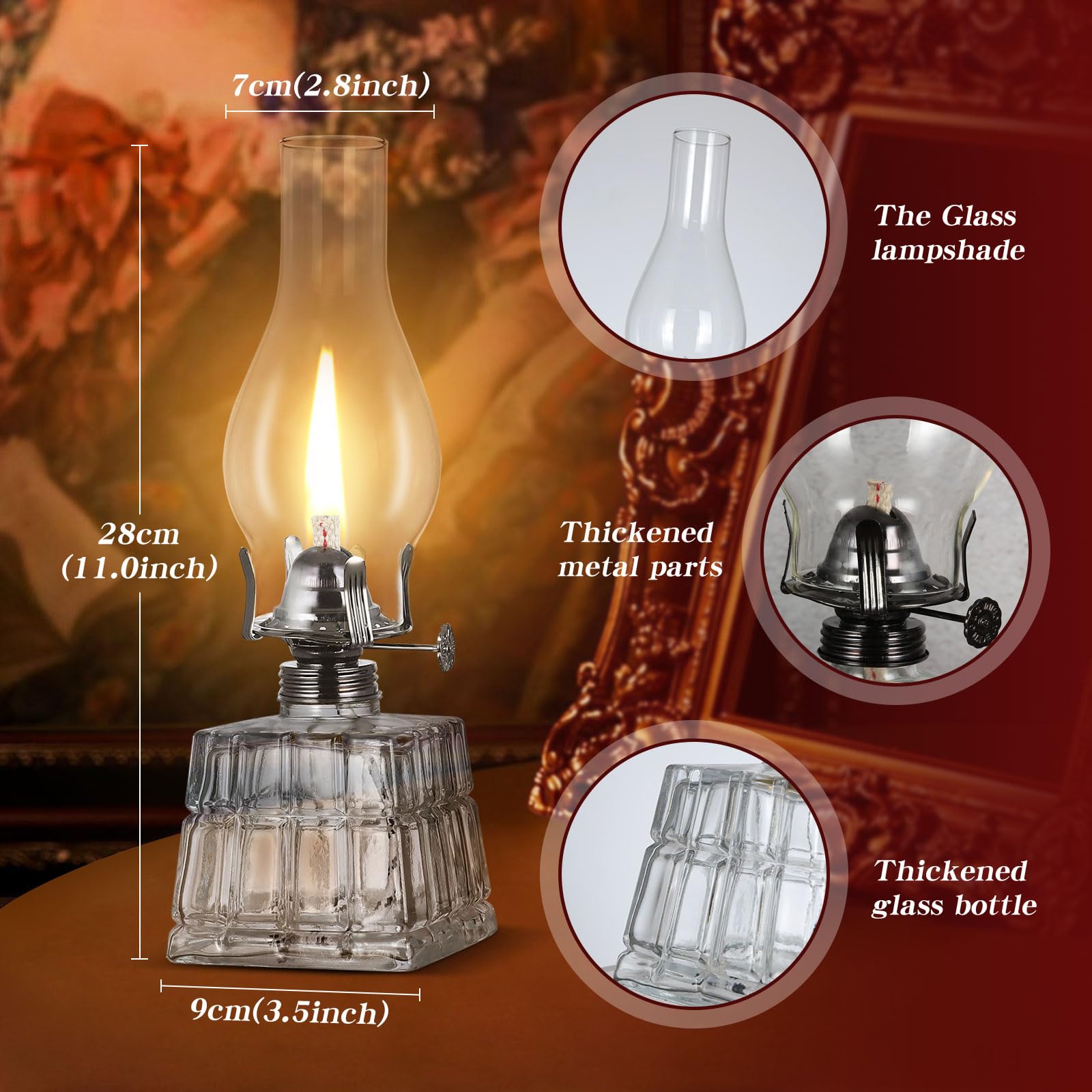 3 Pack Chamber Oil Lamp Vintage Large Square Glass Kerosene Lamp Antique Oil Lamps for Indoor Use Emergency Lighting Rustic Hurricane Lamp Classic Clear Oil Lantern 11 Inch