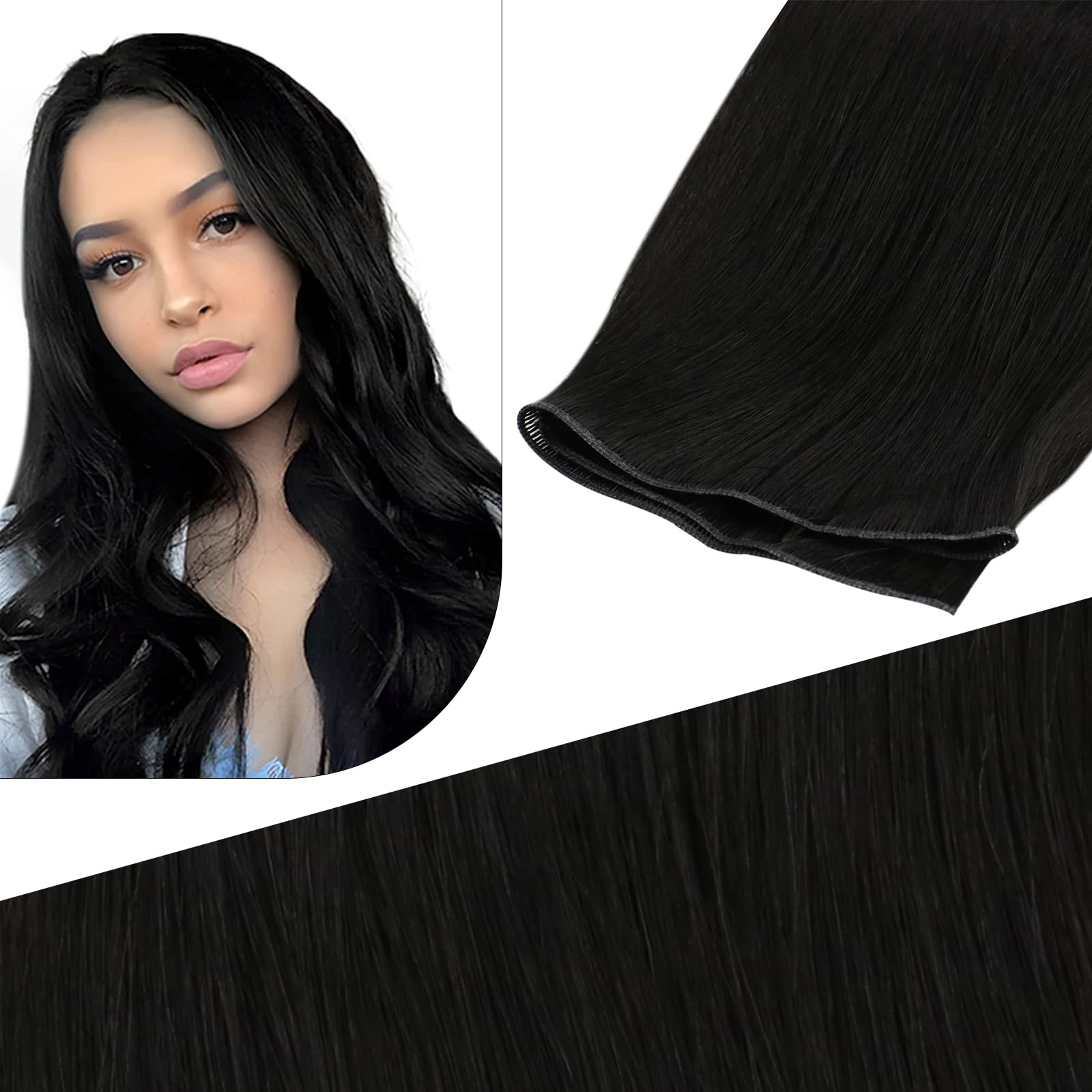 Fshine Extension Capelli Tessitura Nero Naturale Extension Cucitura Capelli Veri 40cm 25g Tessitura Capelli Veri Extension Cucite Capelli Veri Extension Matassa Capelli Umani Lisci Vergine #1B