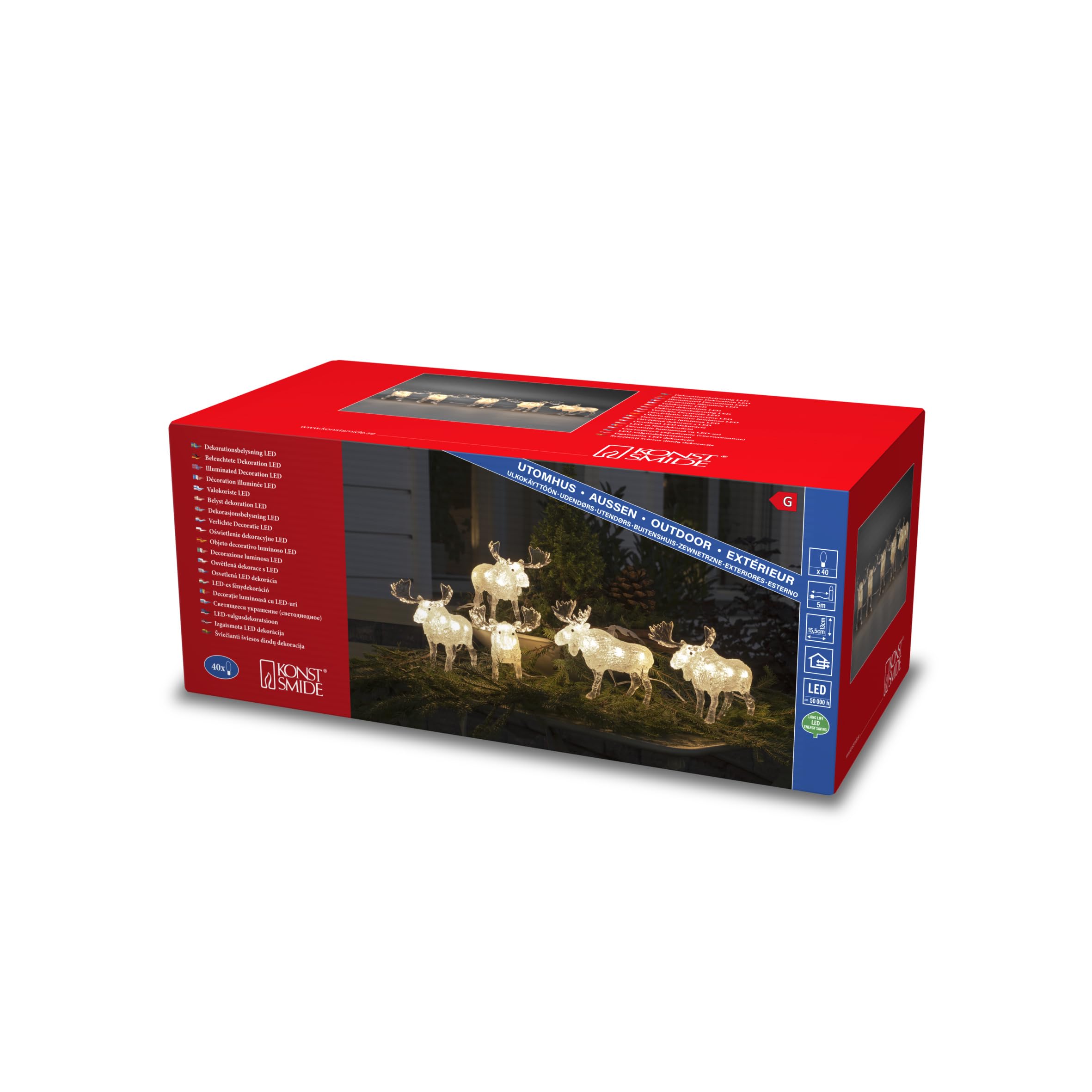 Konstsmide 6241-103 LED akrylowy łoś, zestaw 5 sztuk, 40 diod w kolorze ciepłej bieli, 24 V, na zewnątrz (IP44), biały kabel