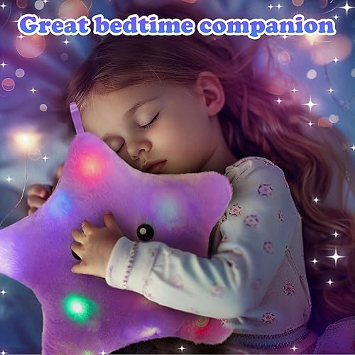 Miniatura 3 de WEWILL Almohada de felpa suave con luces LED centelleantes de 9 pulgadas, con luces nocturnas coloridas, cumpleaños para niños pequeños (morado)