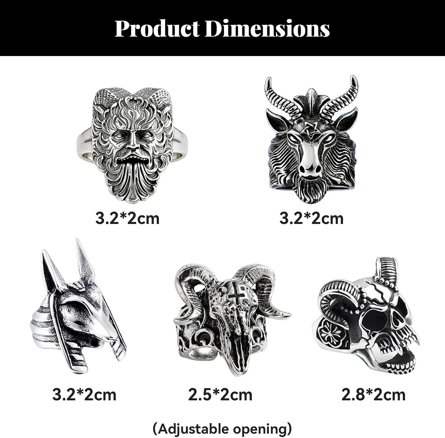 5 Pieces Punk Style Ring for Men, Open Ring for Men Gothic Hip-Hop Style, Adjustable Ring Stainless Steel Retro Motorcycle, Animal Shapes, Skull for Halloween Party image 2