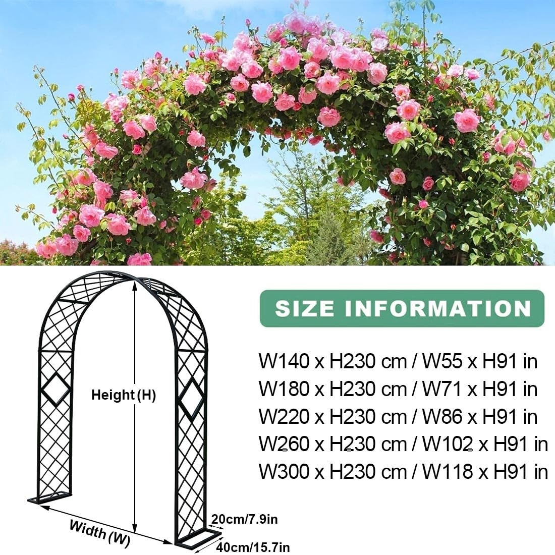 Metalowa altana ogrodowa do pnących róż i roślin, pergola łukowa na podwórko, trawnik, patio, stylowa czarna altana ogrodowa (szer. 3,0 x wys. 2,0 m)