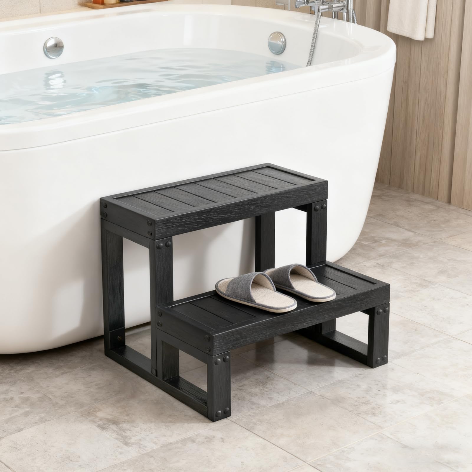 Escalier de baignoire à 2 marches en WPC, antidérapant, avec vis renforcées, aide à l'entrée ergonomique pour baignoire/spa (60 x 54 x 42,3 cm), noir, avec aspect brosse, montage facile
