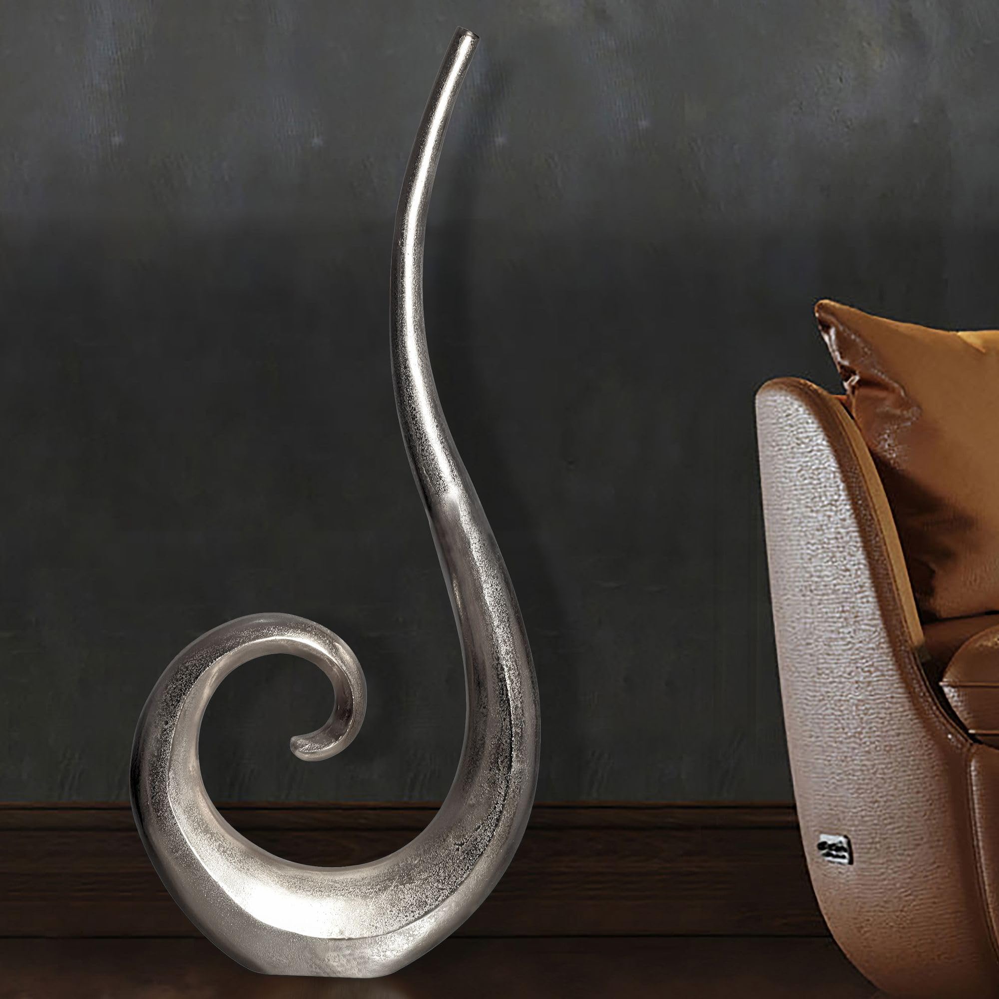 FineBuy Bodenvase Spirale 100 cm Aluminium Silber, Blumenvase XXL | Dekovase in Schnörkel-Form, Standvase handgefertigt, Wohndeko für Wohnzimmer, Flur und Esszimmer