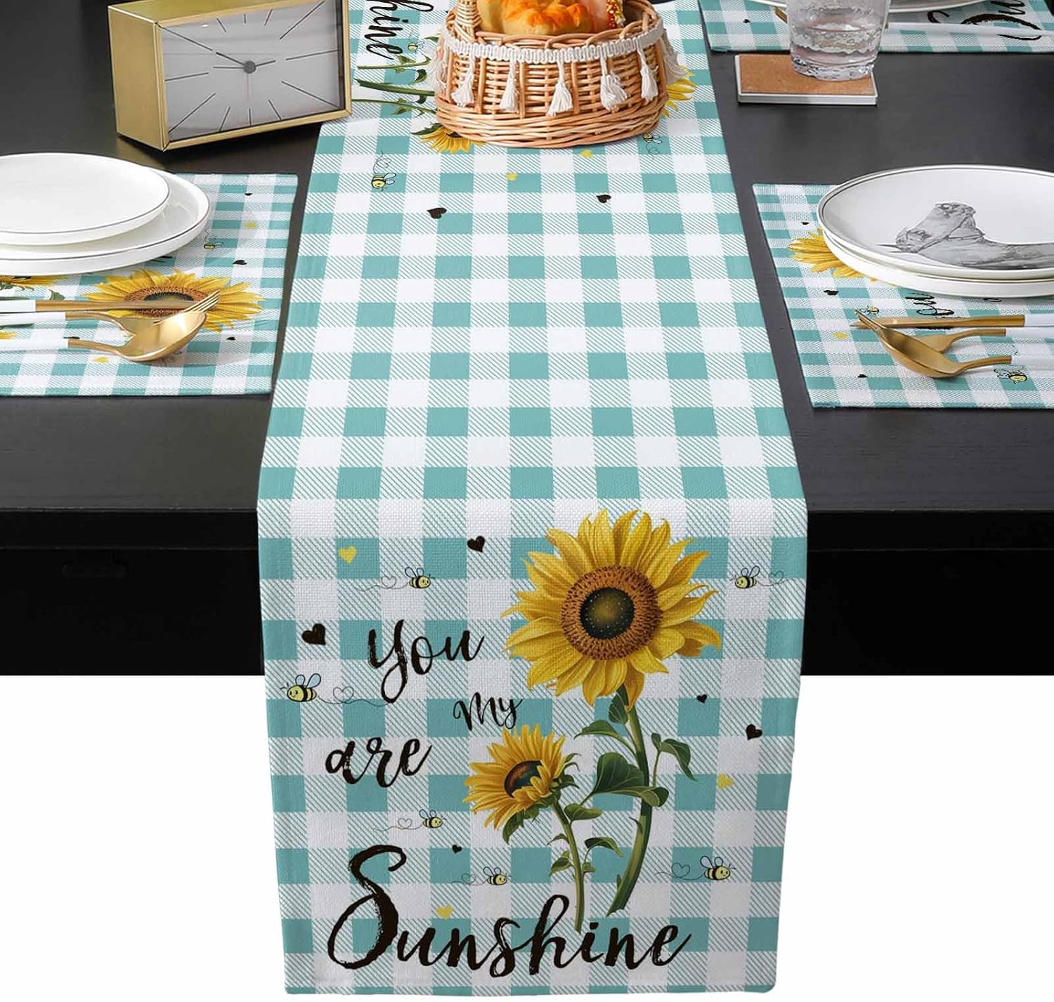 Linen Burlap Table Runner and Placemats-Farm Sunshine Sunflowers on Buffalo Plaid Turquoise White,Heat-Resistant Washable Placemats Set of 6 with Runner for Dining Table Kitchen Farmhouse Decor