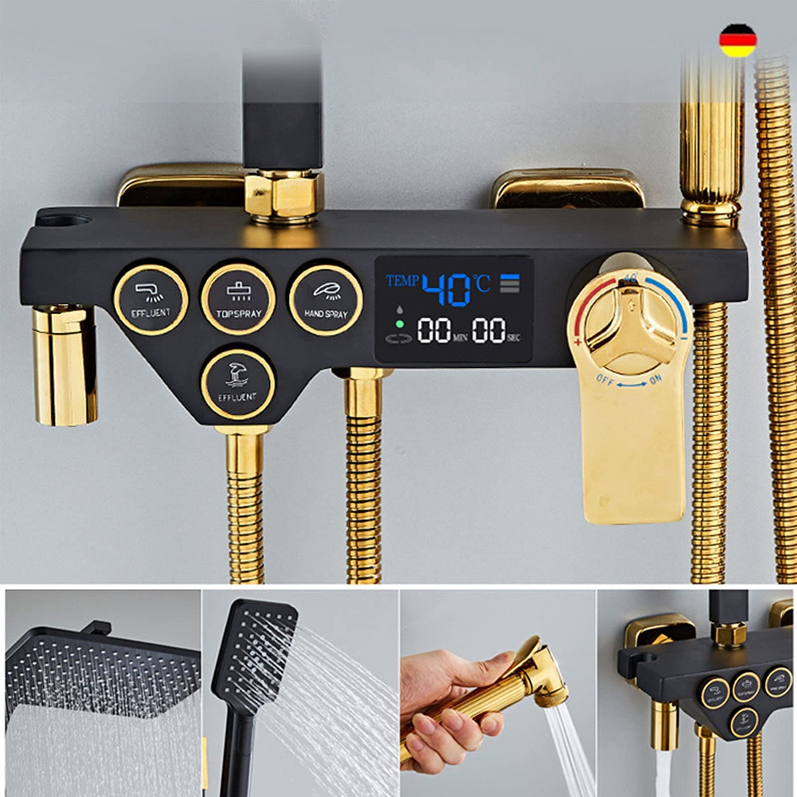 Set di rubinetti termostatici per doccia, oro nero, sistema doccia con display digitale con soffione doccia, doccetta a mano, bidet Sparyer, beccuccio per vasca da bagno, rubinetto doccia