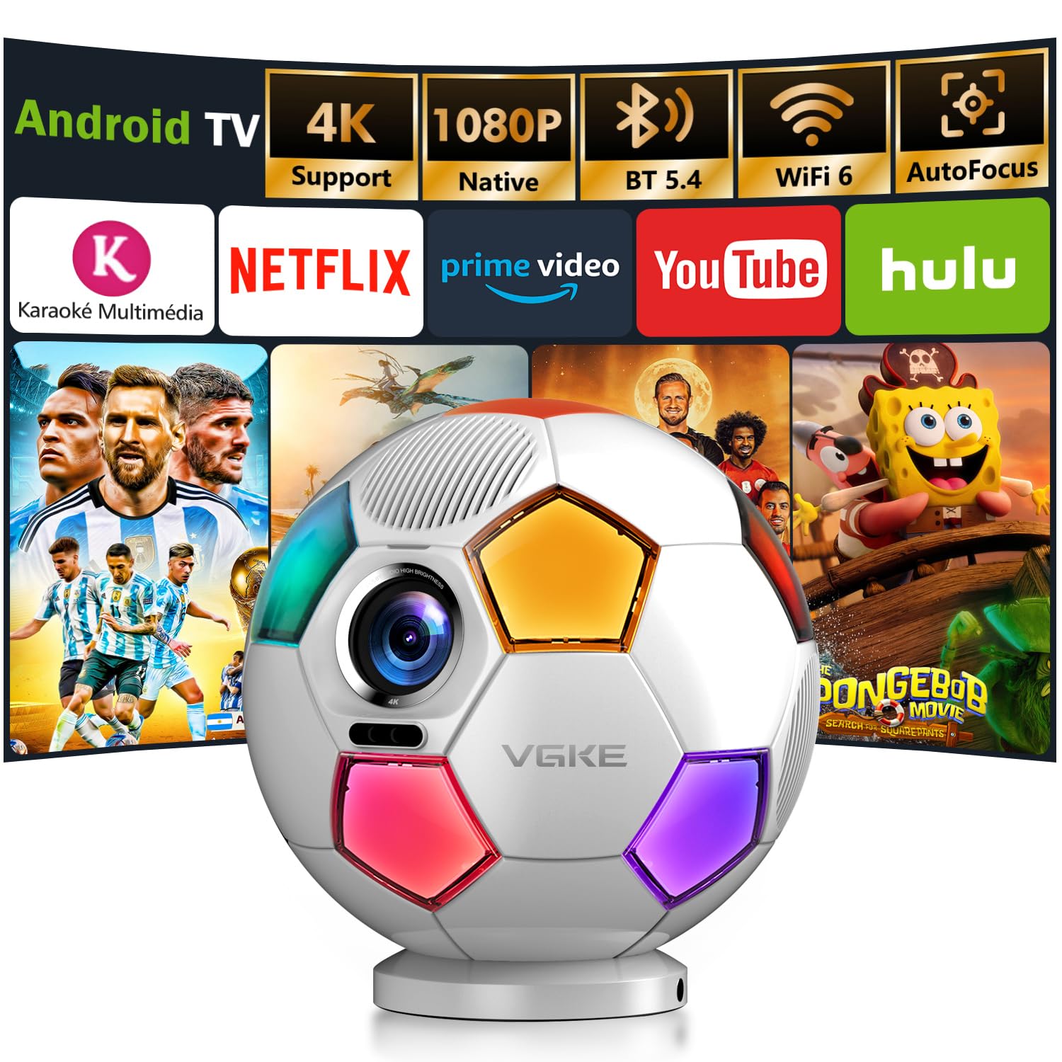 Vidéoprojecteur 4K【Design Original de Football/1000 ANSI/Apps intégrée/Auto Focus】 Projecteur Vidéo VGKE 4K FHD 1080p, Rétroprojecteur Portable WiFi 6, Bluetooth 5.4, Home Cinéma, Extérieur