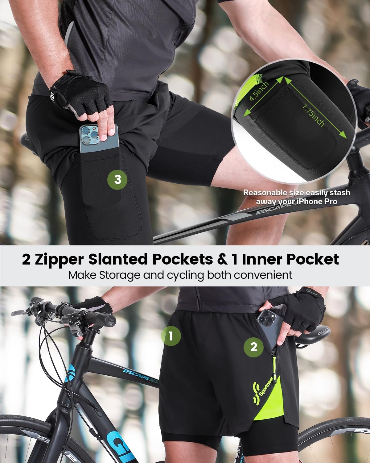 Sportneer Bike Shorts for Men - 3D Padded Lightweight MTB Fit Riding Biking Bicycle Biker Shorts with Zipper Pockets - Image 4