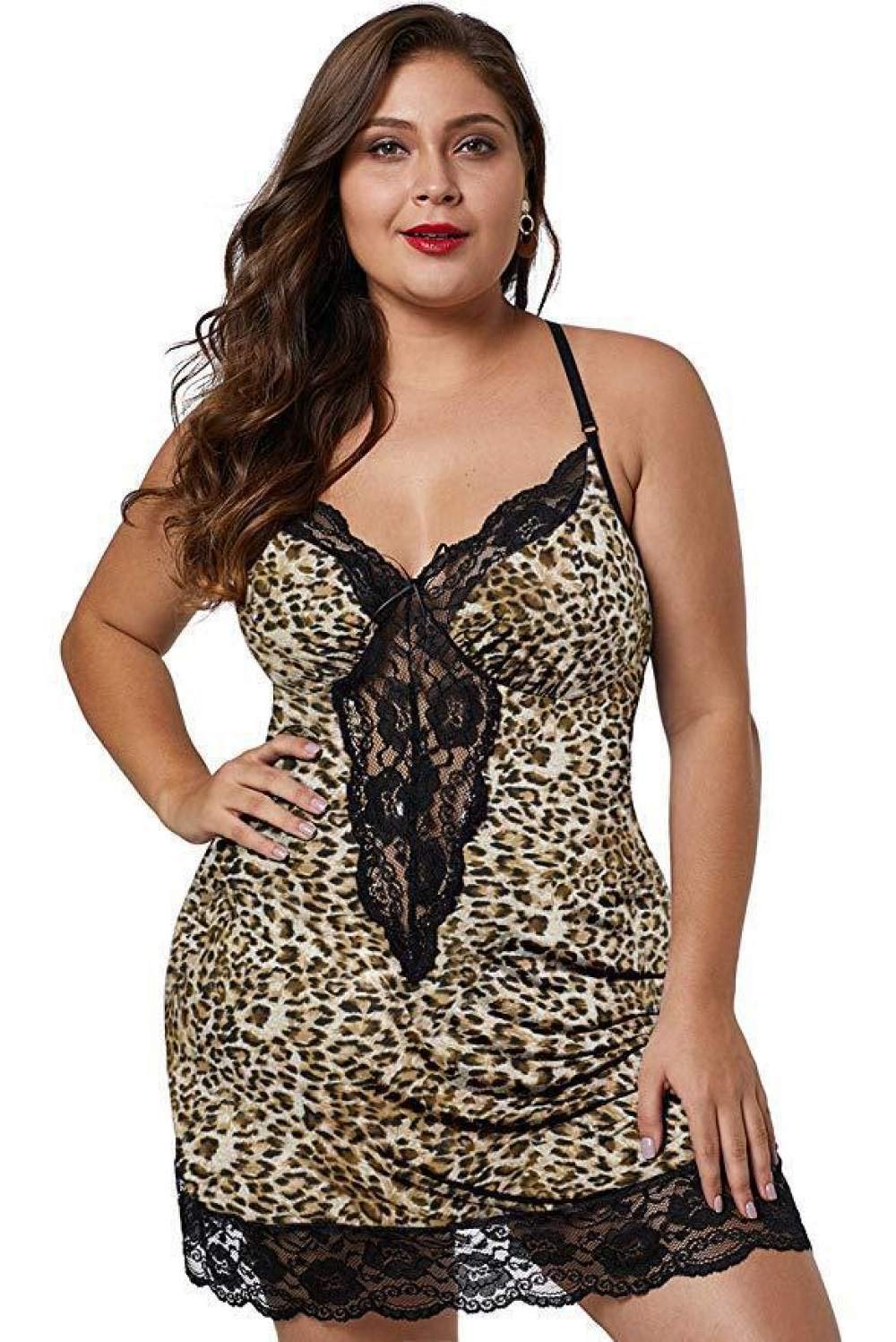 AKAZI Lingerie Sexy per San Valentino, Set di Lingerie Sexy Leopardata da Donna Taglie Forti, Baby Doll, Scollo a V, Camicia da Notte, Pigiameria, Indumenti da Notte con Perizoma (Leopard 5XL)