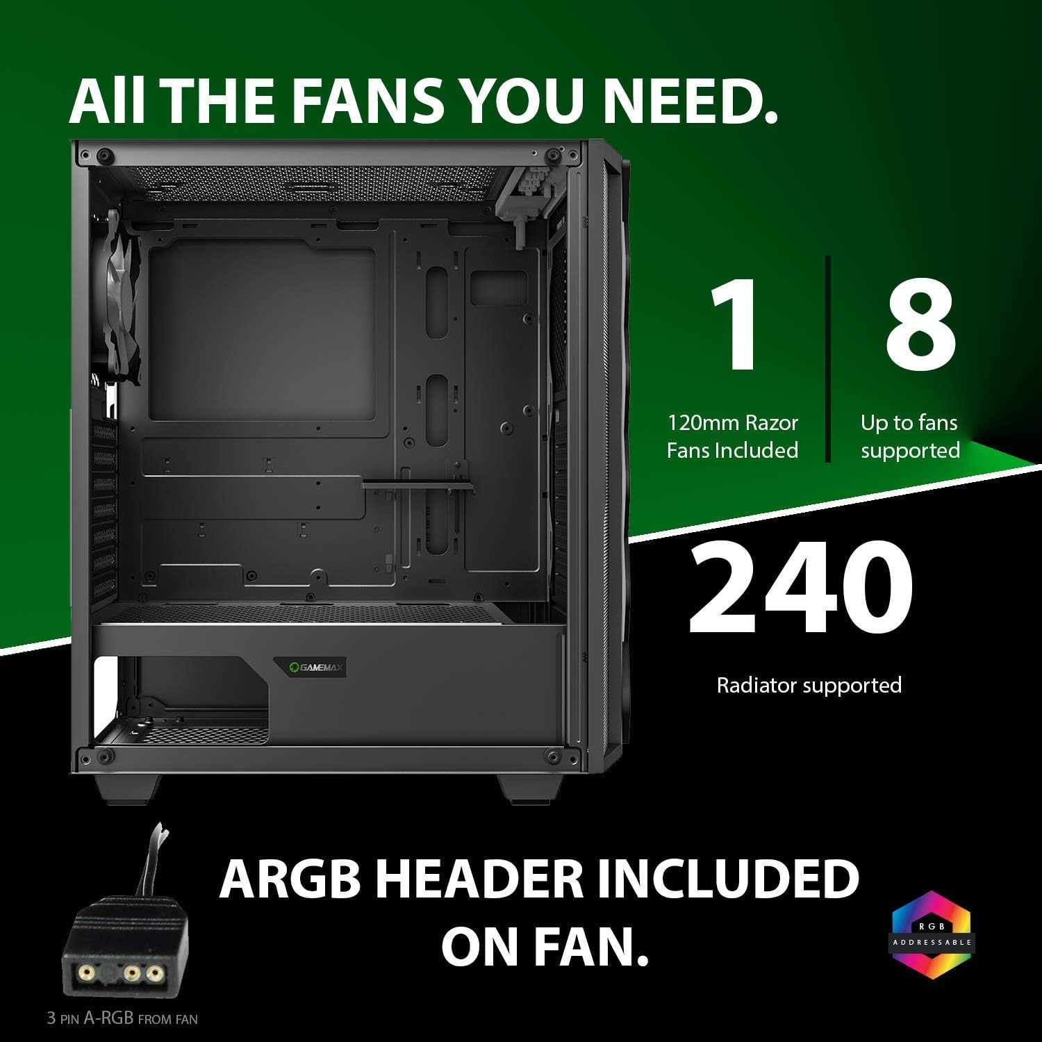 GameMax Black Diamond ARGB Mid-Tower PC Gaming Case, ATX, 3 Pin Aura Male & Female Connectors, Built in ARGB LED Strip, 1 x 120mm ARGB Fan Included, Water-Cooling Ready | Black