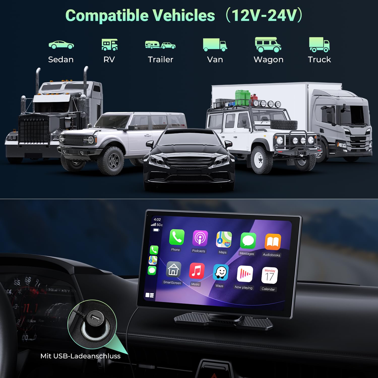 Schermo CarPlay Auto 9" compatibile con Apple CarPlay e Android Auto wireless, SuperLink e AirPlay doppio mirroring, dashcam 4K + retrocamera 1080P, registrazione in loop, 64GB inclusi, Bluetooth