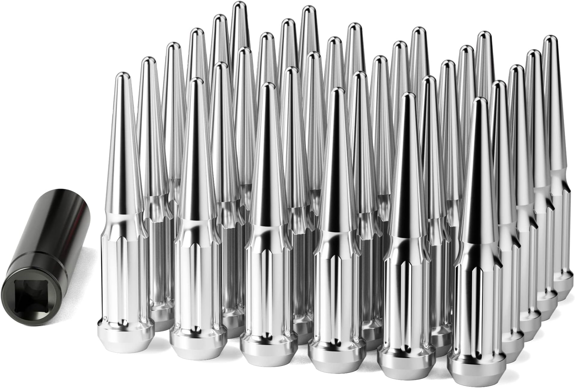 M14x1.5 Spike Lug Nuts, Set of 32 Chrome Spline Spiked Lug Nut with Key for Chevy Silverado 2500hd 3500hd GMC Sierra Yukon Dodge Ram 2500 3500 Ford F250 F350, 14x1.5 Acorn Solid Metal Truck LugNut